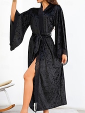 cheap Women's Onesies-Women's Robe Casual Soft Satin Pure Color Lace Patchwork Daily Home Bed Long Sleeve V Neck Black White Wine Summer Spring Loose Fit