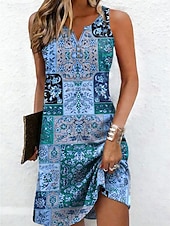 cheap Boho Dress-Women's Mini Dress Shift Dress Sundress Summer Dress Off The Shoulder Dress Vacation Casual Daily Holiday Going out Regular Fit Floral Graphic Tribal Sleeveless V Neck Blue Yellow Purple Summer Spring