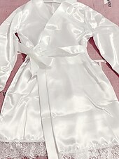 billiga Onesies till damer-Dam Morgonrock Ledigt Mjukt Satin Ren färg Spets Dagligen Hem Säng Långärmad V-hals Silver Svart Vit Rodnande Rosa Vin Sommar Vår Lös passning