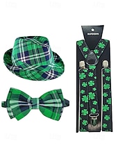 abordables Accesorios-Conjunto de accesorios para disfraz de San Patricio para hombre: sombrero, pajarita y tirantes a cuadros verdes, poliéster con múltiples estampados, ideal para desfiles y fiestas irlandesas.