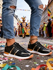 levne Dámská obuv-Zlaté metalické glitrové tenisky pro ženy Mardi Gras lehké karnevalové módní boty pro festivalové oblečení každodenní nošení cestování a oslavy