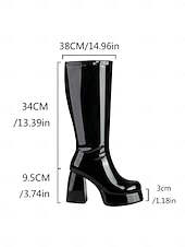 cheap Women's Shoes-Women's Mardi Gras 1980s Retro Purple Platform Knee-High Boots with Block Heels – Shiny Patent Faux Leather, Perfect for Carnival Parades and Festive Celebrations
