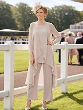 voordelige Broekpakken van mama-3-delig pak Tot de grond Moeder van de bruid jurk Mouwloos Nek boot Elegant Grote maten Bruiloft gast Chiffon Wrap inbegrepen met Effen kleur