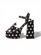 abordables Sandalias de Plataforma-Sandalias de plataforma con lunares negros para mujer: sandalias de tacón alto grueso con tiras en el tobillo y punta abierta con lazo retro para fiestas nocturnas y clubes. &amp;eventos nocturnos