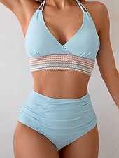 preiswerte Bikini-Sets-Damen Badeanzug Zweiteilig Freche Unterhose Bademode Gerafft Rückenfrei Urlaub Strandbekleidung Einfach Neckholder Ärmellos Badeanzüge