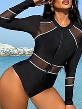 お買い得  ワンピース水着-女性用 ワンピース水着 ジップフロント モノキニ タミーコントロール ハイウエスト スリム バカンス ビーチウェア ソリッドカラー ハイネック 長袖 水着