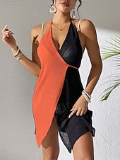 preiswerte Strandkleider-Damen Cover Up Badeanzug Kleid Patchwork Urlaubs Strandbekleidung Uni-Farbe V-Hals Ärmellose Badeanzüge