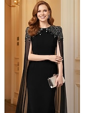 abordables Vestidos de noche de cintura imperio-Vestido de gala formal de longitud completa tipo tubo/columna vestido de gala elegante vintage vestido negro con mangas largas cuello redondo fiesta de gala boda con cristales y pedrería
