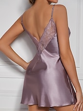 お買い得  レディース ワンジー-女性用 ナイトガウン 活発的 セクシー カジュアル ピュアカラー レース バックレス ドレス 日常 家 ベッドサイド ノースリーブ ストラップ ライトピンク ブラック シャンパン ルビーレッド パープル 夏 レギュラー