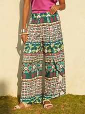  saténové kalhoty s geometrickým květinovým potiskem a širokými nohavicemi pro volný čas