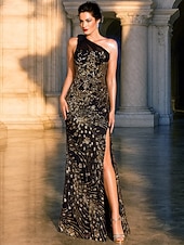 cheap Sheath Evening Dresses-A-Line Sheath Column Floor Length Prom Dress Party Dress Cocktail Dress Mother of the Bride Dress Sleeveless One Shoulder Elegant Vintage Luxurious Formal Evening Sequined with Beading