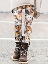 tanie -Damskie Getry Przytulne legginsy Urlop Codzienny Pełna długość Wysoka talia Graficzny Kot Drukowanie Komfort Wygodny Wysoka elastyczność Codzienny Urlop Święto Khaki Wiosna Jesień Opinający / a