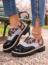 Χαμηλού Κόστους Γυναικεία Παπούτσια-Γυναικεία vintage φλοράλ πλατφόρμες brogues της δεκαετίας του 1970 – ρετρό λουστρίνι με κορδόνια από συνθετικό δέρμα για casual εξόδους, street style και καθημερινή χρήση
