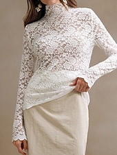 preiswerte Spitzenoberteile-Damen Bluse Spitzentops Spitze Einfach Stilvoll Langarm Rollkragen Normale Oberteile Täglich Ferien Ausgehen Weiß Frühling Herbst