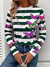 abordables Camiseta a rayas y geométrica-Mujer Camiseta Estampado Graphic Mariposa A Rayas Vintage Elegante Moderno Manga Larga Cuello Barco Tops regulares Diario Fin de semana Azul Piscina Amarillo Rojo Morado Otoño Invierno