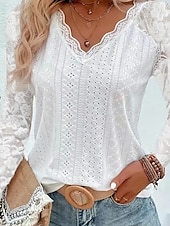 baratos Tops de Renda-Mulheres Blusa Tops de renda Renda Patchwork Tecido Ativo à moda Manga Longa Decote V Tops regulares Diário Feriado Para Noite Branco Rosa Vinho Azul Claro Verão Primavera