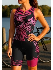 お買い得  ウィメンズトライアスロンウェア-女性用 サイクリングジャージー トライスーツ ダウンヒルジャージー ノースリーブ 夏 春 秋 ローズレッド+ブラック 幾何学模様 ライン／ウェイブ カーブ バイク サンスクリーン UV耐性 3Dパッド サイクリング 速乾性 スポーツ 衣類