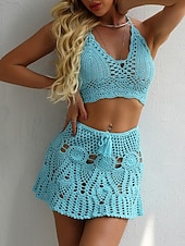 preiswerte Bikini-Sets-Damen Bikini 2-teiliges Badeanzug Rock Strick Rücklos Urlaub Strandbekleidung Einfarbiger Halter-Ausschnitt Ärmelloses Badeanzug