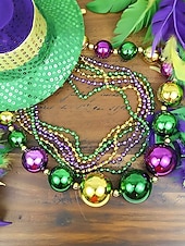 levne Příslušenství-Dámská sada plastových náhrdelníků s korálky na Mardi Gras - barevné zelené fialové a zlaté perfektní pro karnevalové a maškarní párty