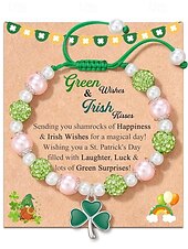  Női ötvözetből és akrilból készült lóheréből készült karkötő és fülbevaló szett, zöld és fehér gyöngyökkel, tökéletes Szent Patrik-napra és mindennapi viseletre.