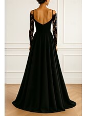 Χαμηλού Κόστους A-Line Βραδινά Φορέματα-A-Line Floor Length Evening Gown Ball Gown Formal Dress Elegant Black Dress Silky Long Sleeve Off Shoulder Wedding Formal Capes Satin Lace with Pocket