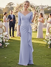  Sheath Column Sweep Brush Train Wedding Guest Dress Chiffon Formal Dresses Mother of the Bride Dress 3/4 Length Sleeve V Neck Elegant Simple Formal Wedding Guest Chiffon with Ruched Cascading Ruffles