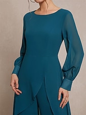 billige Mammas buksedresser-Buksedrakt Asymmetrisk Kjole til brudens mor Langermet Crew-hals Elegant Formell Bryllupsgjest Formell kveld Chiffon med Ensfarget