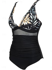 رخيصةأون مايوه قطعة واحدة-نسائي ملابس السباحة قطعة واحدة ملابس البحر ملابس السباحة شبكة بنطلون رياضي للبطن عالي الخصر ضعيف بدون ظهر العطلة ملابس الشاطئ جلد نمر أوراق V رقبة بدون كم بدلة سباحة