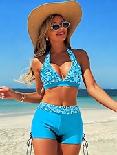 tanie Zestawy bikini-Dwuczęściowy strój kąpielowy dla kobiet bikini z wysokim stanem bez pleców wakacyjna odzież plażowa grafika paisley dekolt w kształcie litery V bez rękawów