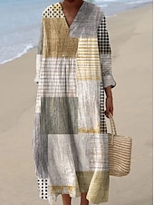 olcso Csíkos és geometrikus ruhák-Női Maxiruha Váltó ruha Nyári ruha Szabadság Alkalmi Tengerpart Alkalmi Laza öltözet Grafika Mértani Absztrakt Hosszú ujj V-alakú Világossárga Arcpír rózsaszín Világosbarna Nyár Tavasz