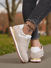 economico Sneakers da donna-Sneakers da jogging classiche retrò beige da donna – scarpe da passeggio casual basse con lacci e suola antiscivolo per l'uso quotidiano, la scuola e i viaggi