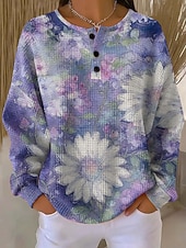 cheap Humor&amp;Quotes Hoodies-Women's Pullover Sweatshirt Buttons Print Floral Graphic Vintage Casual Long Sleeve Crew Neck Regular Tops Casual Street Dailywear Blue Yellow Pink Purple Spring Fall Winter
