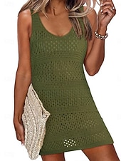 cheap Beach Dresses-Women's Swimwear Cover Up Swim Dress Swimsuit Knit Vacation Beach Wear Solid Color V Neck Sleeveless Bathing Suits