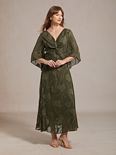  Femmes Robe maxi Robe en Chiffon Élégant Quotidien Plage Vacances Dentelle Coupe régulière Fleuri Manche 3/4 Col en V Olive