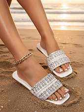 billiga Kvinnor-Damsandaler med strass – glittriga, pärlbesatta platta slip-on-skor för strandsemestrar, sommarfester, resortkläder och eleganta vardagskläder