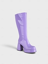 cheap Women's Shoes-Women's Mardi Gras 1980s Retro Purple Platform Knee-High Boots with Block Heels – Shiny Patent Faux Leather, Perfect for Carnival Parades and Festive Celebrations