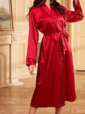 Χαμηλού Κόστους Γυναικείες ρόμπες-Γυναικεία Ρόμπα Καθημερινό Μαλακή Σατέν Μονόχρωμες Με Κορδόνια Καθημερινά Σπίτι Κρεβάτι Μακρυμάνικο Λαιμόκοψη V Μαύρο Ανθισμένο Ροζ Ρουμπίνι Χακί Καλοκαίρι Κανονικό