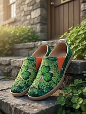  Slip-on-skor för dam i St. Patrick's Day-stil – gröna, klövertryckta, avslappnade skor med bekväm sula, snygga och roliga skor för fester, festivaler och vardagsbruk