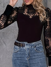 tanie Koronkowe topy-Damskie Bluzka Bluzki koronkowe Koronka Niejednolita całość Równina Zabytkowe Elegancki Długi rękaw Wysoki Zwykłe topy Codzienny Święto Wyjściowe Czarny Lato Jesień