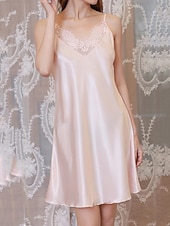 tanie Jednoczęściowe piżamy (kombinezony) damskie-Damskie Koszula nocna Codzienny Miękkie Satynowe Czyste kolory Koronka Odkryte plecy Sukienka Codzienny Dom Łóżko Bez rękawów Paski Błękit jeziora Czarny Biały Rumiany róż Czerwony Lato Luźna