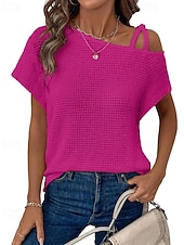 abordables Camiseta lisa-Mujer Camiseta Color sólido Vintage Elegante Manga Corta Cuello asimétrico Tops regulares Diario Noche Fin de semana Negro Blanco Rosa Caqui Verano Primavera