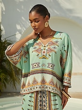 preiswerte Hemden, Tops und Blusen-Bluse mit ethnischem Totem-Motiv und Ärmeln aus seidigem Satin