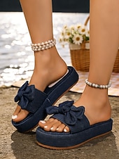 abordables Sandales à glissière-Sandales compensées en jean à nœud pour femme, modèle tendance à bout ouvert, parfaites pour les vacances, les promenades sur la plage, le shopping et les tenues décontractées d'été.
