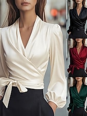 ieftine Bluze elegante-Pentru femei Cămașă Elegant Top din satin Bluză Cu Șiret Simplu Elegant Stilat Manșon Lung În V Topuri obișnuite Zilnic Muncă Concediu Negru Roșu Vin Trifoi Caisă Vară Primăvară Toamnă