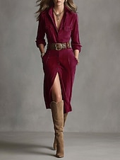 cheap Stripe&amp;Geometric Dress-Women's Midi Dress Sheath Dress Vacation Casual Boho Daily Holiday Regular Fit Plain Long Sleeve Lapel Blue Red Light Brown Brown Spring Fall