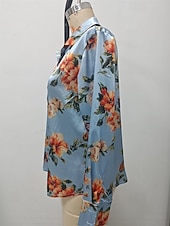 رخيصةأون بلوزات رسمية-نسائي قميص أنيقة بلوزة من الساتان قمم الصيف مكشكش بقع طباعة ورد الرسم سهل أنيق عتيق سيدات كم طويل قبعة القميص قمصان عادية مناسب للبس اليومي عمل مناسب للعطلات أزرق الصيف الربيع