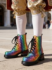 billige Damesko-Kvinnelige Mardi Gras regnbue snøres korte støvler - livlige festlige fottøy fargerik festivalstil komfortable blokkhæl støvler kostymer og feiringer