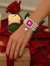 זול יום האהבה-צמיד חרוזים פנינים לנשים עם קריסטל גדול - תכשיט יד אלגנטי משובץ אבני חן למסיבה, ערב ואירועי קוקטייל