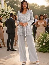 baratos Terninhos de calça da mamãe-Terninho Traje de 3 peças Longo Vestido Para Mãe dos Noivos Sem Manga Scoop pescoço Elegante Convidado do casamento Chiffon Renda Embrulho incluido com Lantejoulas