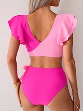 Χαμηλού Κόστους Σετ μπικίνι-Γυναικεία Μαγιό 2 κομμάτι Προκλητικό Μαγιό Σουρωτά Κουρελού Εξώπλατο Διακοπές Ρούχα παραλίας Συνδυασμός Χρωμάτων Λαιμόκοψη V Αμάνικο Μαγιό